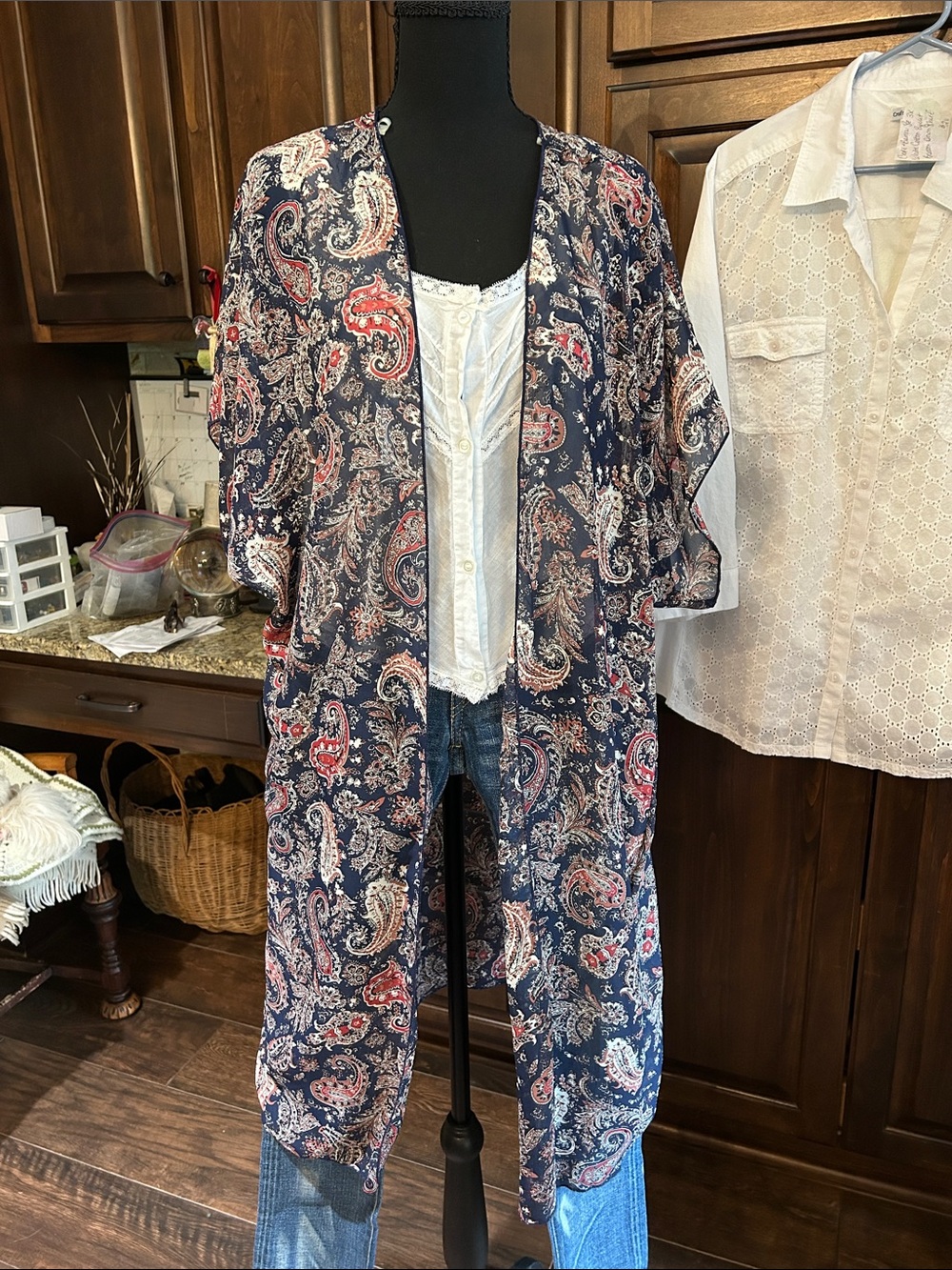 Try!This Sz M Women's Navy Paisley Sheer Duster
